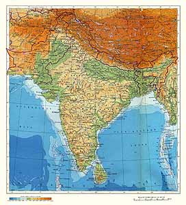Индия, Пакистан, Бангладеш, Непал, Бутан, Шри-Ланка. Физическая карта